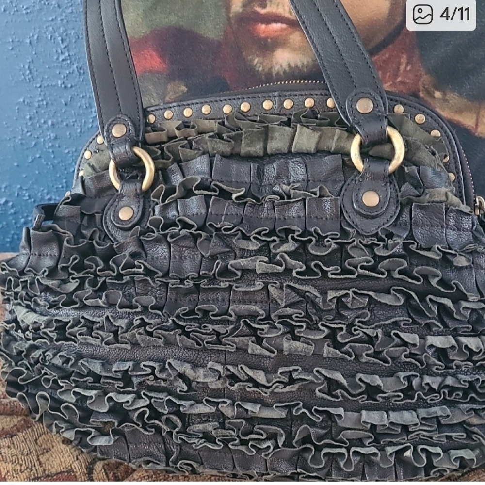 Moschino Black Italian Leather Ruffled Shoulder Bag with Cherry Key Chain - Picture 3 of 10